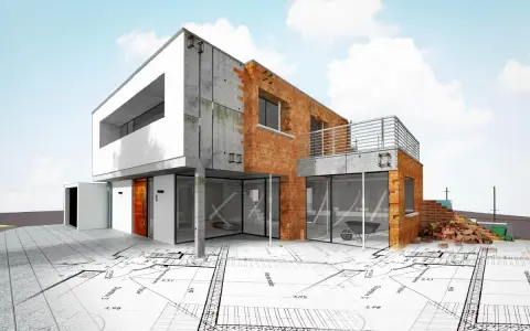 Maison moderne en construction sur des plans. L'image illustre l'obligation de bornage terrain à bâtir, avec des éléments de construction et des plans architecturaux superposés.