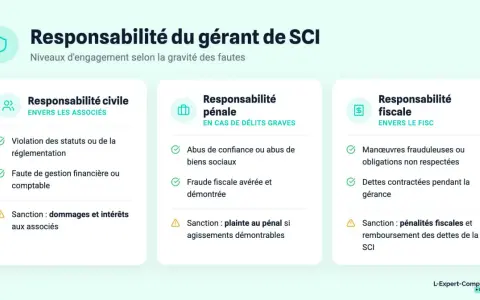 Infographie détaillant la responsabilité du gérant de SCI : civile, pénale et fiscale. Elle liste les fautes et sanctions, illustrant les conséquences d'un abus de pouvoir gérant SCI.