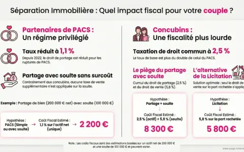 Comparaison fiscale : PACS vs concubinage pour la résidence principale. Le PACS offre un régime privilégié, notamment pour le partage avec soulte.