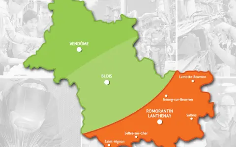 Carte du Loir-et-Cher, avec les villes de Vendôme, Blois, Romorantin-Lanthenay, Selles-sur-Cher, Saint-Aignan, Lamotte-Beuvron, Neung-sur-Beuvron et Salbris.