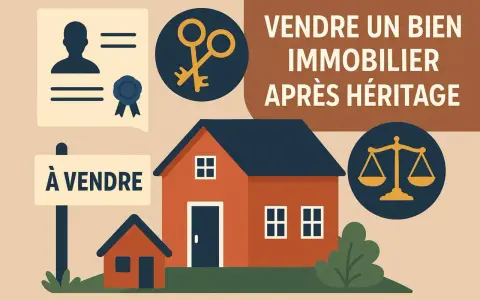Vente d'un bien immobilier après une succession sans héritier. Icônes : personne, clés, balance de justice. Maison à vendre.