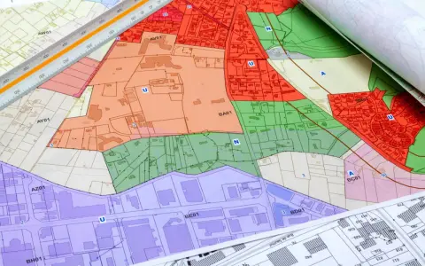 Plans colorés du cadastre de Libourne, avec une règle graduée. Zones résidentielles, industrielles et vertes délimitées.