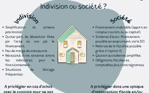 Illustration comparant l'indivision et la société pour l'achat immobilier, soulignant l'effet déclaratif du partage.