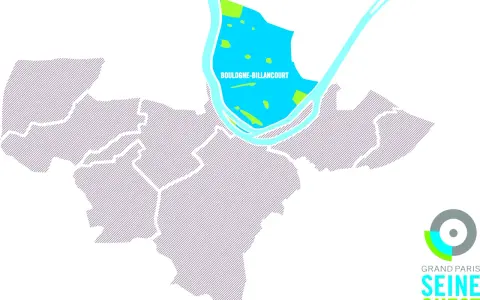 Carte de la Seine Ouest, mettant en évidence la zone de Boulogne-Billancourt avec des espaces verts et bleus.