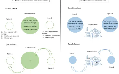 Comparaison des régimes matrimoniaux : communauté réduite aux acquêts et séparation de biens. La jouissance divise des biens est illustrée après le divorce.