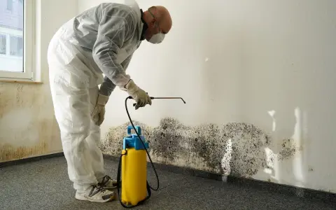 Un homme en combinaison blanche traite des vices apparents sur un mur couvert de moisissure, à l'aide d'un pulvérisateur.