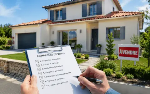 Un notaire vérifie un compromis de vente, incluant le règlement d'urbanisme, devant une maison à vendre.