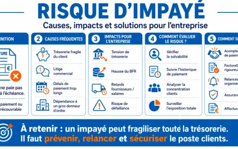 Infographie sur le risque d'impayé : causes, impacts, évaluation et protection. La **théorie des impenses** est ici illustrée par les conséquences d'une facture non réglée.