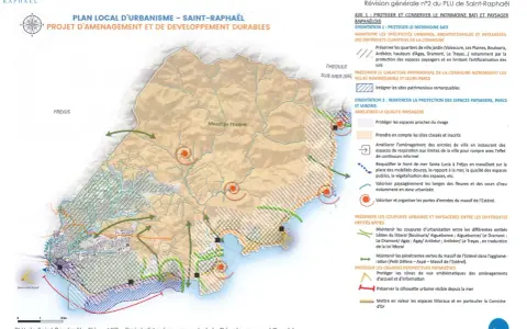 Plan local d'urbanisme de Saint-Raphaël, projet d'aménagement et de développement durables. Carte montrant le massif de l'Estérel et le littoral.