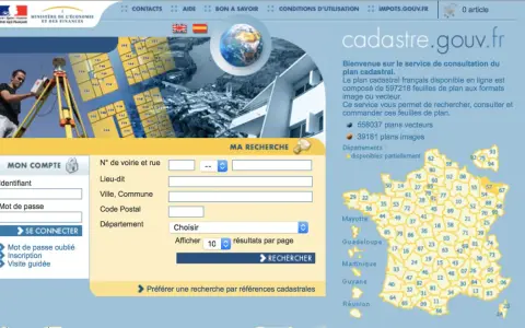 Le site cadastre.gouv.fr propose un plan cadastral vitré interactif pour rechercher, consulter et commander des feuilles de plan.