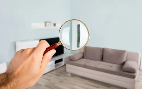 Une loupe examine un salon moderne. On voit un canapé beige, une étagère murale et une télévision. Le mur est bleu pâle, et le parquet est clair. Le plu bordeaux est peut-être caché quelque part.