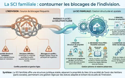Schéma expliquant comment la SCI familiale évite les blocages de l'indivision, offrant une gestion structurée et apaisée.