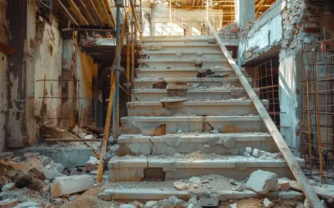 Escalier en béton délabré, entouré de débris et d'échafaudages. Un chantier qui ressemble à une construction illégale, abandonnée.