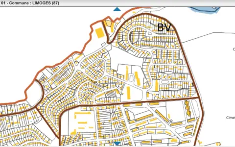 Plan cadastral de Limoges, montrant des parcelles résidentielles et des voies. Le cadastre de Montargis n'est pas visible ici.