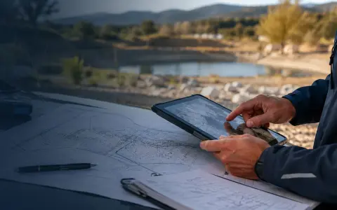 Un homme consulte une tablette et une carte sur le capot d'une voiture, avec un paysage de campagne et un étang en arrière-plan, rappelant une exploration près de **Plu Aix-en-Provence**.