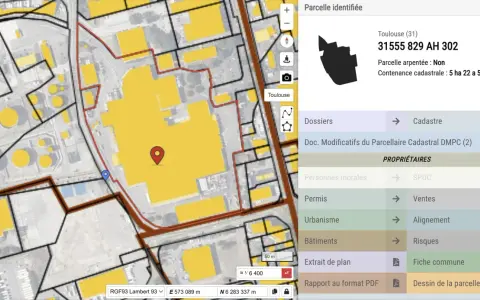 Carte du cadastre montrant des parcelles industrielles à Toulouse. Une parcelle spécifique est mise en évidence avec ses informations.