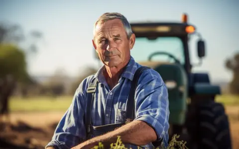 Un fermier expérimenté, son visage marqué par le soleil, pense à son **salaire différé et indivision** tout en regardant vers l'avenir, un tracteur en arrière-plan.