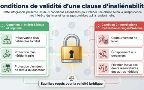 Infographie sur les conditions de validité d'une clause d'inaliénabilité : intérêt légitime (préservation patrimoine, protection héritier fragile, droit de retour) vs. interdictions (contournement loi, échappement créanciers, atteinte droits réservatai...