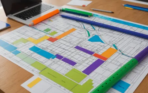 Un plan de ville coloré, avec des crayons et un ordinateur portable. On dirait que quelqu'un prépare une **plu lahonce** pour un projet d'urbanisme.