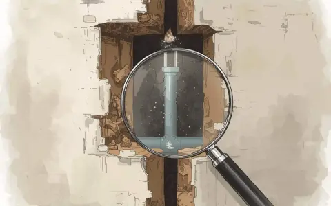 Une loupe révèle un tuyau endommagé dans un mur, illustrant un cas de prescription vice caché.