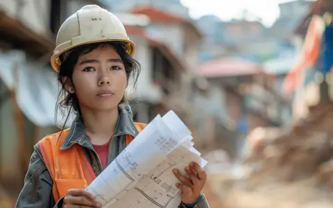 Jeune femme en casque et gilet orange, plans à la main, prête à prouver la construction de plus de 10 ans.