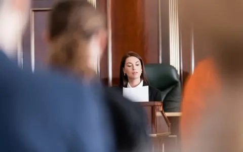 Une avocate présente son dossier, le dol, devant un juge. La salle d'audience est sombre et solennelle.