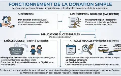 Schéma expliquant la donation simple. Il détaille la définition, la présomption juridique, les règles civiles (rapport à succession) et fiscales. Un rapport donation somme d'argent est nécessaire.