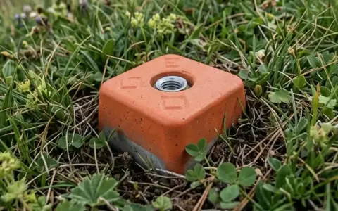 Un piquet de bornage orange, en partie enterré dans l'herbe et les petites fleurs sauvages, marque une limite discrète dans la nature.