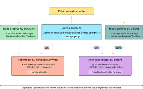 Schéma expliquant la liquidation de la communauté et l'actif successoral. Il détaille la répartition des biens propres et communs pour un partage successoral.