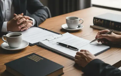 Signature sur un document, peut-être un refus de liquidation de communauté. Deux personnes en costume, café et livres de droit sur la table.