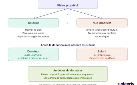 Schéma expliquant la donation simple avec usufruit : la pleine propriété se divise en usufruit (pour le donateur) et nue-propriété (pour l'enfant).