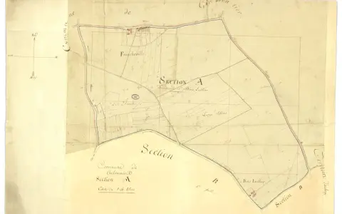 Plan ancien du cadastre de Coulommiers, section A, montrant les parcelles de Francheville et Bois Lallier.