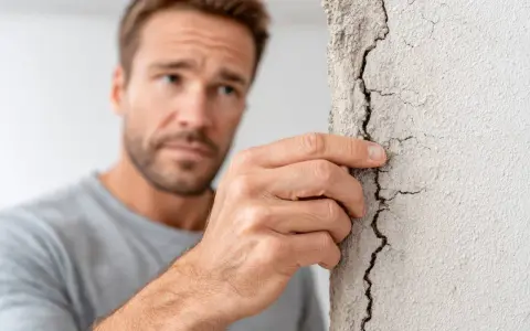 Homme inquiet examinant une fissure sur un mur, évoquant un manquement au devoir de conseil de l'agent immobilier.