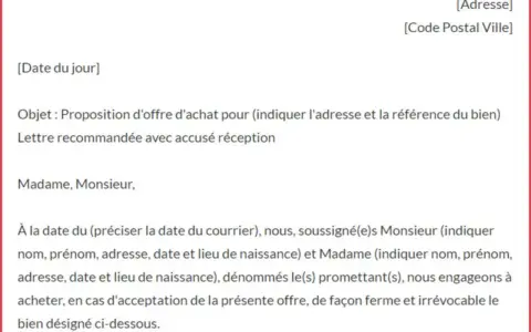 Extrait d'une lettre d'intention d'achat pour un bien immobilier, avec objet et détails des parties.
