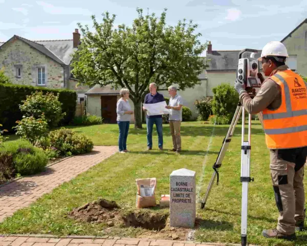 Un géomètre utilise un théodolite pour un plan de bornage. Une borne cadastrale marque la limite de propriété.