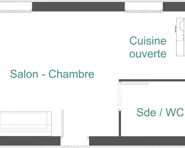 Plan d'un appartement T1 bis : salon-chambre, cuisine ouverte, salle d'eau/WC. Idéal pour un jeune couple ou un étudiant.