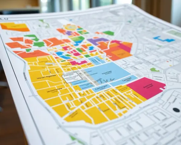 Carte PLU colorée, montrant la différence entre les zones. On y voit des rues et des bâtiments, avec des couleurs vives pour distinguer les zones.