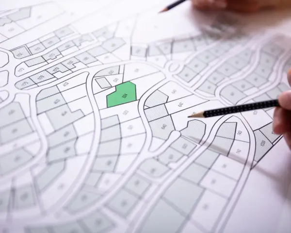 Plan cadastral de Privas, avec une parcelle verte mise en évidence. Des mains tiennent des crayons, prêtes à annoter.
