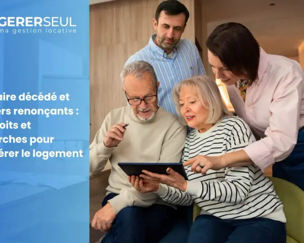 Famille discutant du transfert de bail suite au décès du locataire. Ils consultent des informations sur une tablette.