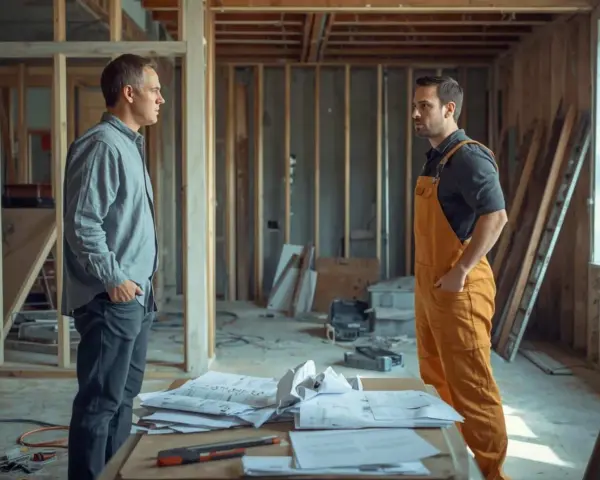 Deux hommes discutent sur un chantier. L'un semble vouloir se faire rembourser des travaux faits pendant vie commune.
