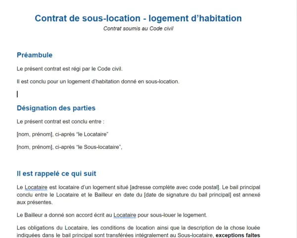 Contrat de sous-location d'un logement. Ce document détaille les termes pour sous louer son appartement, définissant les parties et les conditions.