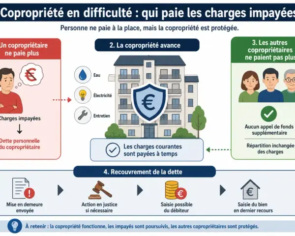 Un copropriétaire défaillant crée une dette. La copropriété avance les fonds, puis poursuit le débiteur pour récupérer la somme.