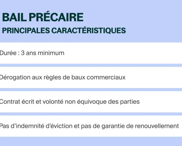 Caractéristiques d'un bail précaire : durée minimale de 3 ans, dérogation aux règles des baux commerciaux, contrat écrit et pas d'indemnité d'éviction.