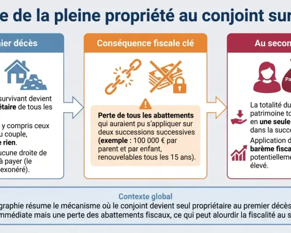 Au premier décès, le conjoint devient plein propriétaire. La dévolution successorale peut entraîner une perte d'abattements fiscaux au second décès.