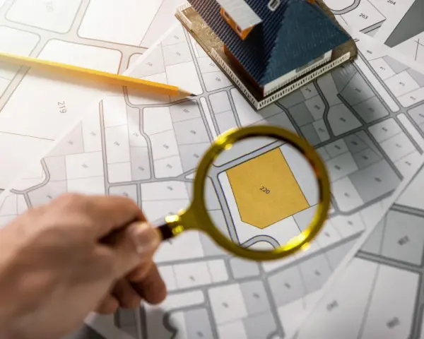 Une loupe examine un plan de cadastre d'Aix, révélant la parcelle 220. Un crayon et une maquette de maison sont posés sur les plans.