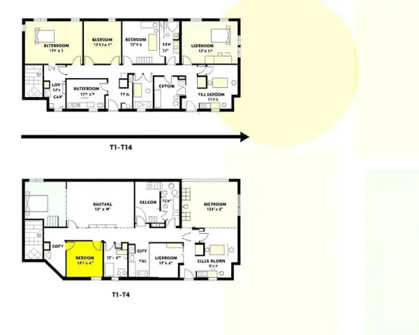 Plans de maisons T1-T14 et T1-T4. La définition T3 est visible sur le plan supérieur, montrant plusieurs chambres et espaces de vie.