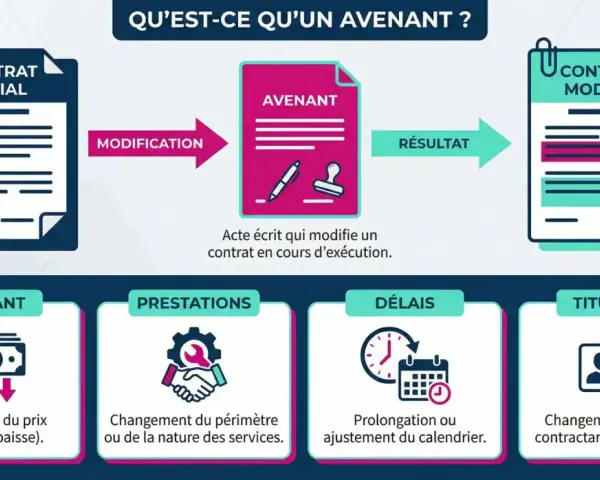 Un avenant peut modifier un contrat, par exemple un avenant au mandat de vente pour une baisse de prix. Il peut aussi changer les prestations, délais ou titulaire.
