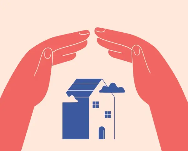 Mains protégeant une maison bleue, symbolisant la protection contre la nullité du congé pour reprise.