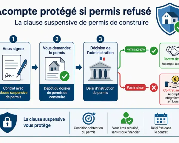 Infographie expliquant la clause suspensive de permis de construire : signature, demande, décision, et issues (accepté/refusé).