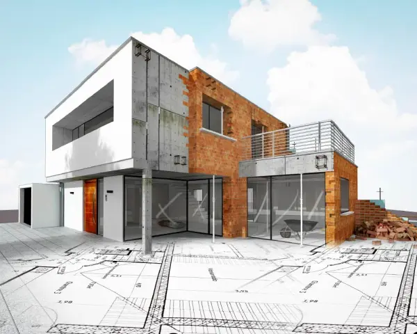 Maison moderne en construction sur des plans. L'image illustre l'obligation de bornage terrain à bâtir, avec des éléments de construction et des plans architecturaux superposés.